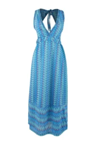 TRENDYOLMİLLA Mavi Geometric Patterned Knitting Maxi Low-cut back Beach Dress - Image 5