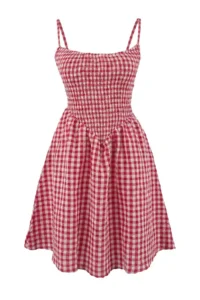 TRENDYOLMİLLA Rejection Plaid Patterned Weaving Gipelli Mini Beach Dress - Image 4