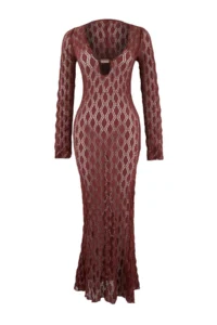 TRENDYOLMİLLA Burgundy Knitting Maxi Accessory Detailed Beach Dress