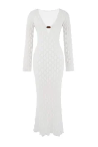 TRENDYOLMİLLA Ecru Knitting Maxi Accessory Detailed Beach Dress
