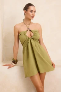 TRENDYOLMİLLA Oil Green Weaving Barbell Neck Accessory Detailed 100% Cotton Mini Beach Dress