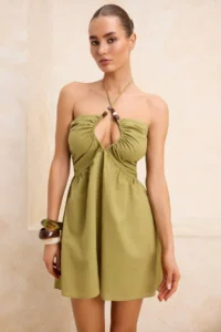TRENDYOLMİLLA Oil Green Weaving Barbell Neck Accessory Detailed 100% Cotton Mini Beach Dress - Image 2