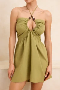TRENDYOLMİLLA Oil Green Weaving Barbell Neck Accessory Detailed 100% Cotton Mini Beach Dress - Image 3