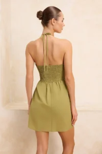 TRENDYOLMİLLA Oil Green Weaving Barbell Neck Accessory Detailed 100% Cotton Mini Beach Dress - Image 4