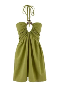 TRENDYOLMİLLA Oil Green Weaving Barbell Neck Accessory Detailed 100% Cotton Mini Beach Dress - Image 5