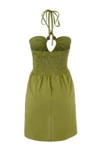TRENDYOLMİLLA Oil Green Weaving Barbell Neck Accessory Detailed 100% Cotton Mini Beach Dress - Image 6