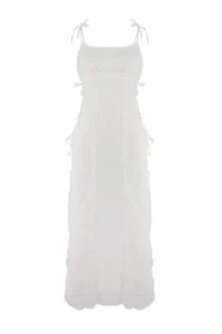 TRENDYOLMİLLA White Weaving Embroidered Midi 100% Cotton Beach Dress