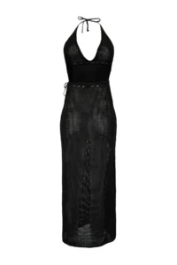 TRENDYOLMİLLA Black Knitwear Barbell Neck Maxi Beach Dress - Image 7