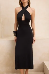TRENDYOLMİLLA Black Knitting Maxi Barbell Neck Beach Dress - Image 2