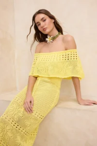 TRENDYOLMİLLA Yellow Knitwear Maxi Carmen Collar Beach Dress - Image 2