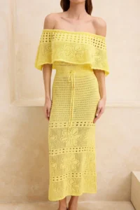 TRENDYOLMİLLA Yellow Knitwear Maxi Carmen Collar Beach Dress - Image 3