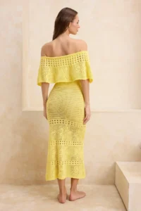 TRENDYOLMİLLA Yellow Knitwear Maxi Carmen Collar Beach Dress - Image 4