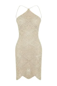 TRENDYOLMİLLA Ecru Knitting Mini Barbell Collar Beach Dress