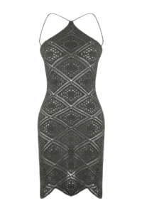 TRENDYOLMİLLA Khaki Knitting Mini Barbell Collar Beach Dress