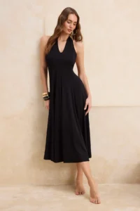 TRENDYOLMİLLA Black Knitting Midi Low-cut back Barbell Neck Beach Dress - Image 2