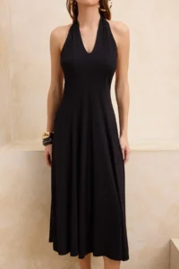 TRENDYOLMİLLA Black Knitting Midi Low-cut back Barbell Neck Beach Dress - Image 3