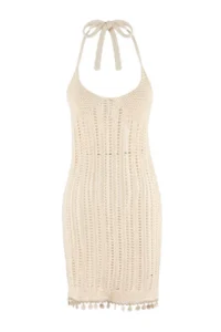 TRENDYOLMİLLA Ecru Knitwear Mini Accessory Detailed 100% Cotton Beach Dress