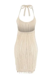 TRENDYOLMİLLA Ecru Knitwear Mini Accessory Detailed 100% Cotton Beach Dress - Image 2
