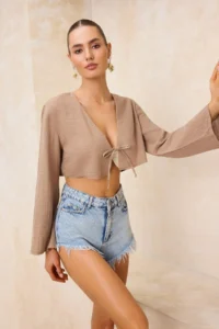 TRENDYOLMİLLA Camel Weaving Binding Detailed Crop Muslin 100% Cotton Beach Shirt - Image 2