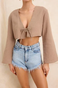 TRENDYOLMİLLA Camel Weaving Binding Detailed Crop Muslin 100% Cotton Beach Shirt - Image 3