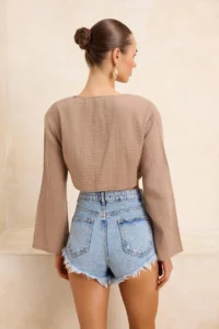 TRENDYOLMİLLA Camel Weaving Binding Detailed Crop Muslin 100% Cotton Beach Shirt - Image 4