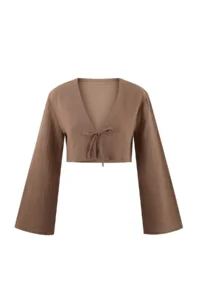 TRENDYOLMİLLA Camel Weaving Binding Detailed Crop Muslin 100% Cotton Beach Shirt - Image 5