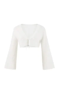 TRENDYOLMİLLA Ecru Weaving Binding Detailed Crop Muslin 100% Cotton Beach Shirt - Image 5