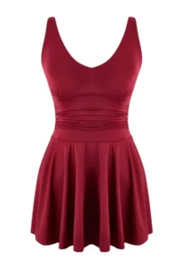 TRENDYOLMİLLA Burgundy Drapeli V-neck Covered Basic Skirt Swimsuit - Image 5