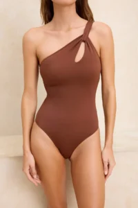 TRENDYOLMİLLA Brown One Shoulder Cut Out Detailed Covered Regular LYCRA® XTRA LIFE Swimsuit - Image 3