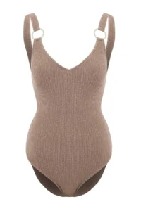 TRENDYOLMİLLA Mink textured V-neck Covered Accessory Detailed Regular Swimsuit - Image 7
