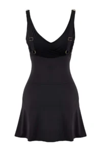 TRENDYOLMİLLA Black Belted Accessory Detailed Binding Detailed V-neck Covered Skirt Swimsuit - Image 8