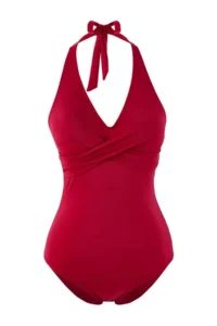 TRENDYOLMİLLA Burgundy V-neck Covered Drapeli Regular Swimsuit - Image 5