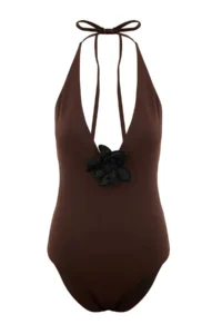 TRENDYOLMİLLA Brown Deep V-neck Covered Floral Appliqued Regular Swimsuit