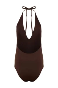 TRENDYOLMİLLA Brown Deep V-neck Covered Floral Appliqued Regular Swimsuit - Image 2