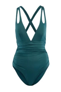 TRENDYOLMİLLA Petrol Blue Blue Blue Deep V-neck Covered Cut Out Detailed Regular Swimsuit