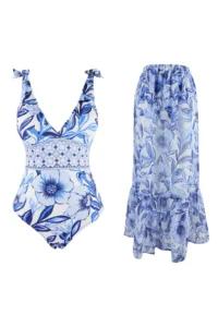 TRENDYOLMİLLA Floral Patterned Covered Deep V-neck Regular 2 Sets Set Skirt Swimsuit