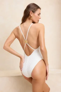 TRENDYOLMİLLA Ecru textured Deep V-neck Covered with accessories brazilian Swimsuit