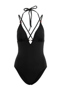 TRENDYOLMİLLA Black V-neck Covered Boncuk with accessories Regular Swimsuit