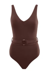 TRENDYOLMİLLA Brown V-neck Covered with accessories Regular Swimsuit