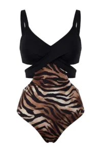 TRENDYOLMİLLA Zebra Patterned Cut Out Detailed Covered Regular Swimsuit - Image 5