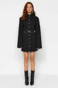 TRENDYOLMİLLA X Sagaza Studio Black Belden Açılan/skater Elastic Waist pleated Poplin Dress - Image 2