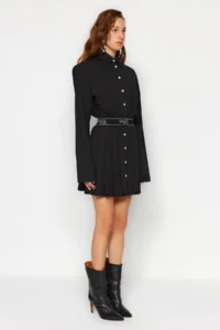 TRENDYOLMİLLA X Sagaza Studio Black Belden Açılan/skater Elastic Waist pleated Poplin Dress - Image 3