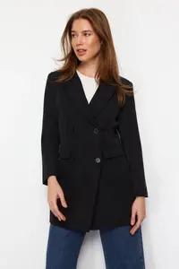 Trendyol Modest Black Double buttoned Pocket Detail Lined Blazer Weaving Jacket - Image 5