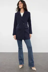 Trendyol Modest Navy Blue Double buttoned Pocket Detail Lined Blazer Weaving Jacket - Image 2
