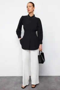 Trendyol Modest Black Waisted Pearl Detailed Weaving Shirt