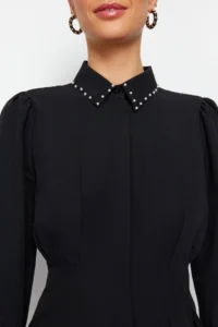 Trendyol Modest Black Waisted Pearl Detailed Weaving Shirt - Image 5