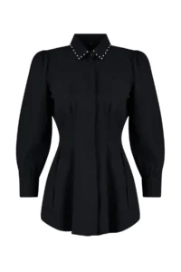 Trendyol Modest Black Waisted Pearl Detailed Weaving Shirt - Image 7