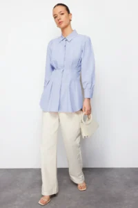 Trendyol Modest Mavi Waisted Pearl Detailed Weaving Shirt - Image 2