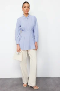 Trendyol Modest Mavi Waisted Pearl Detailed Weaving Shirt - Image 3