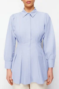 Trendyol Modest Mavi Waisted Pearl Detailed Weaving Shirt - Image 4